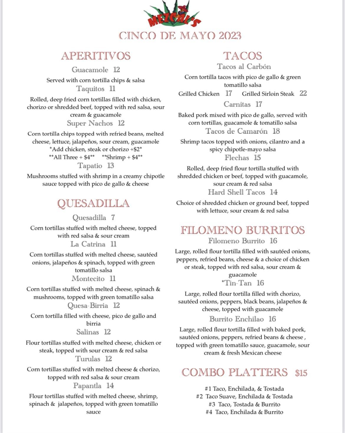 Mezcal's Menu