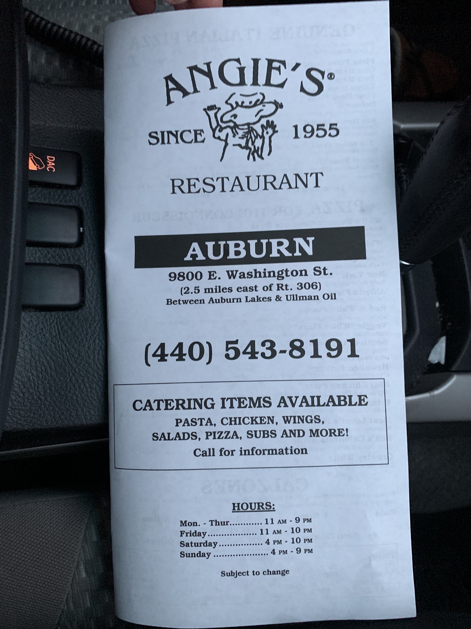 Angie's Pizza Menu