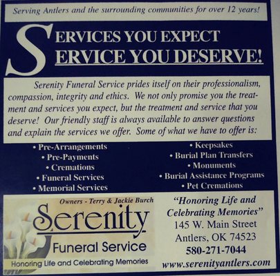 Serenity Funeral Service, Crematory And Monuments 145 W Main St, Antlers Oklahoma 74523