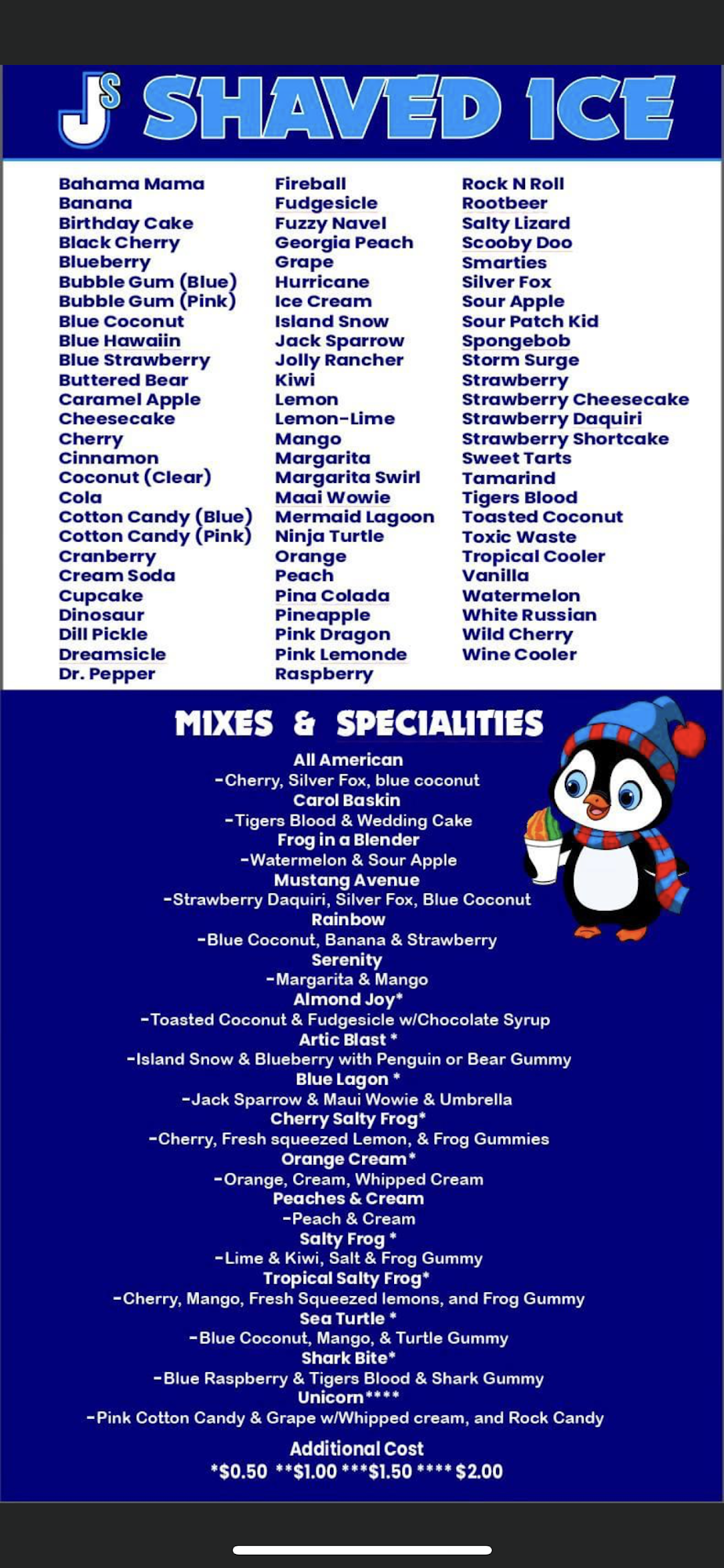 J’S Shaved Ice Menu