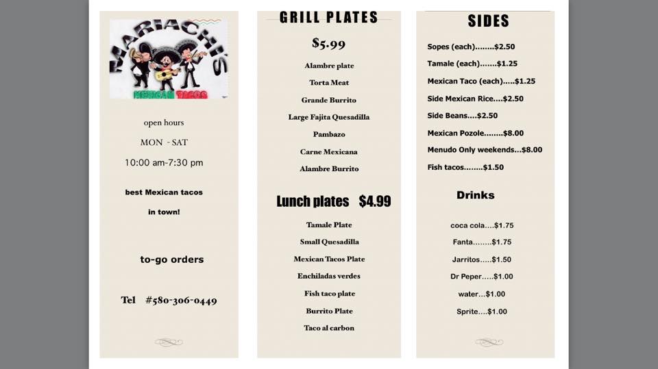 Mariachi's Mexican Tacos Menu