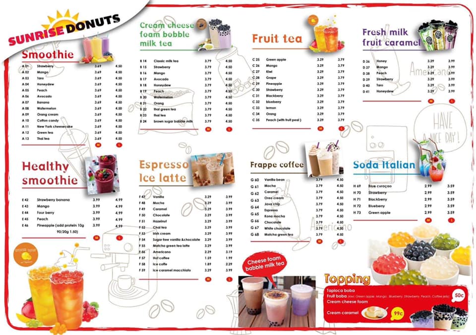 Sunrise Donuts Menu