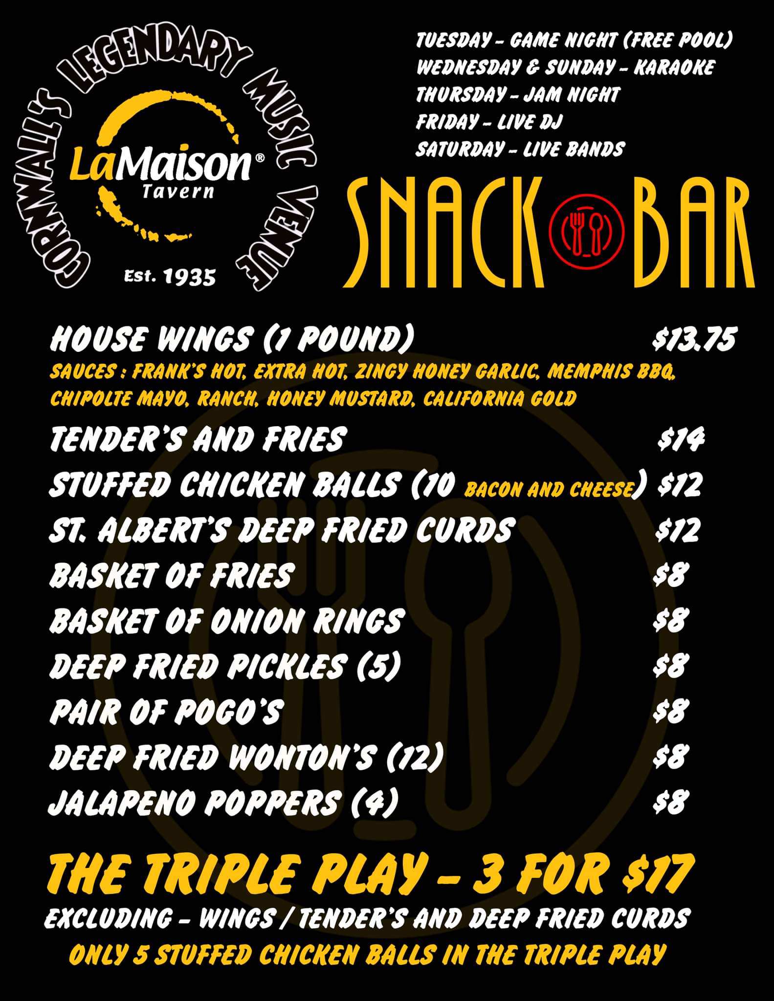 La Maison Tavern Menu