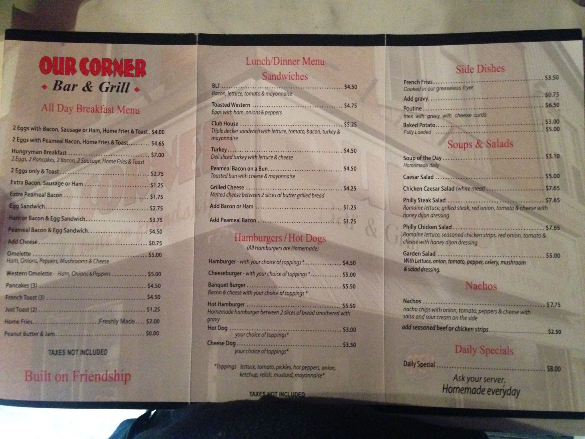 Our Corner Menu