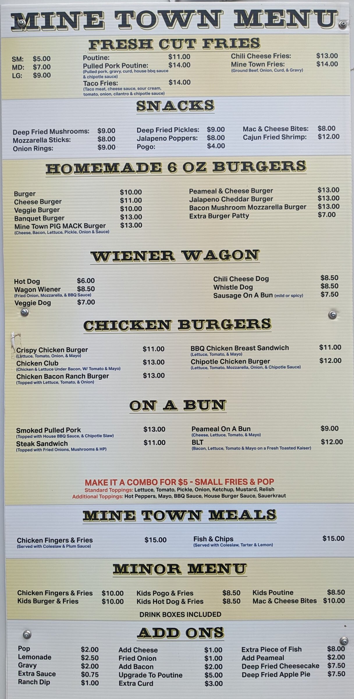 Mine Town Catering Menu