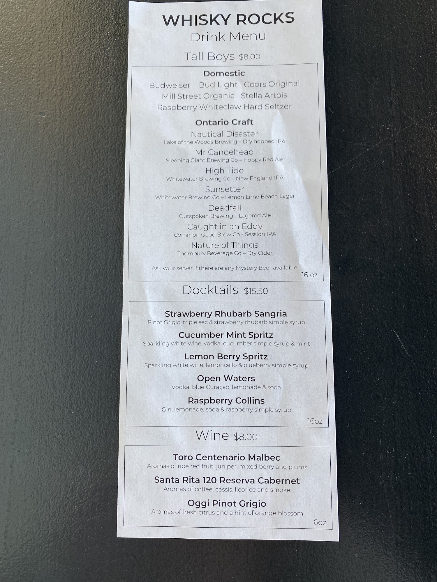 Whiskey Rocks Menu