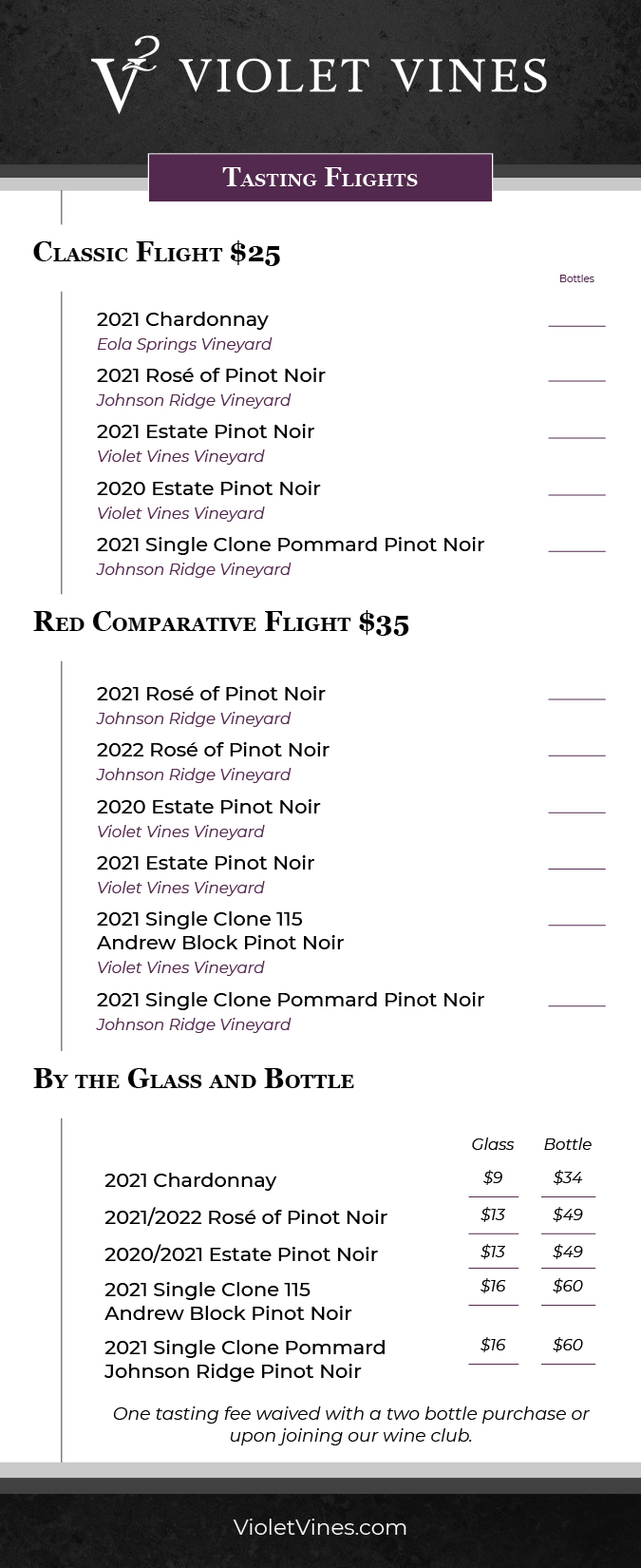Violet Vines Tasting Room Menu