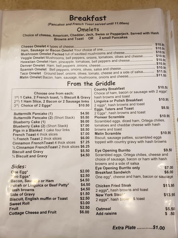 Malin Country Diner Menu