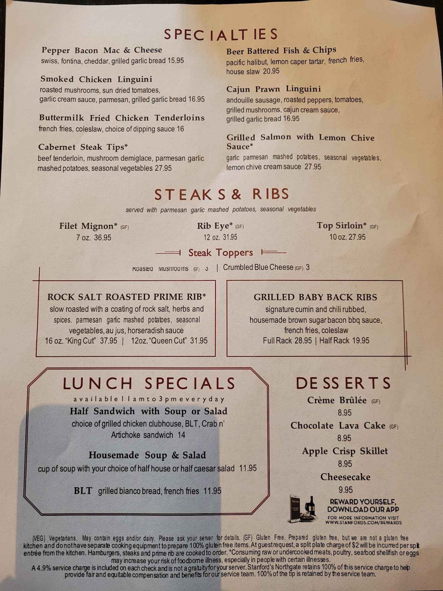 Stanford's Restaurant & Bar Menu