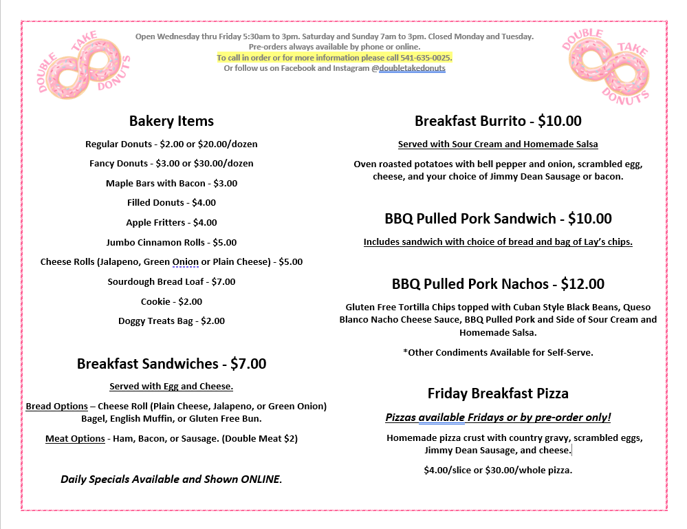 Double Take Donuts Menu