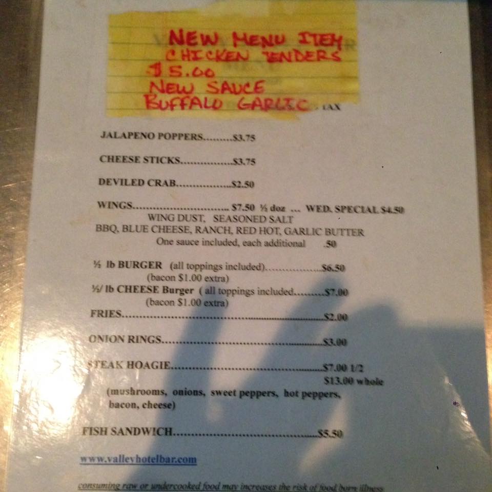 Valley Hotel Inc Menu