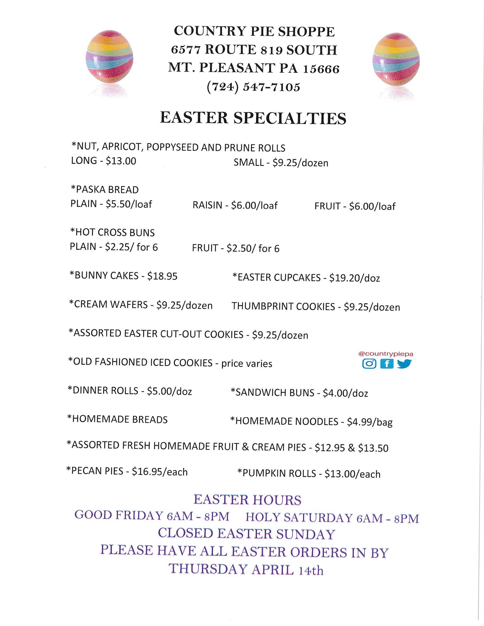 Country Pie Shoppe Menu