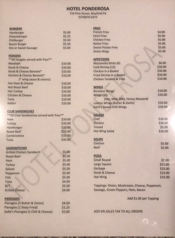 The Ponderosa Pub Menu