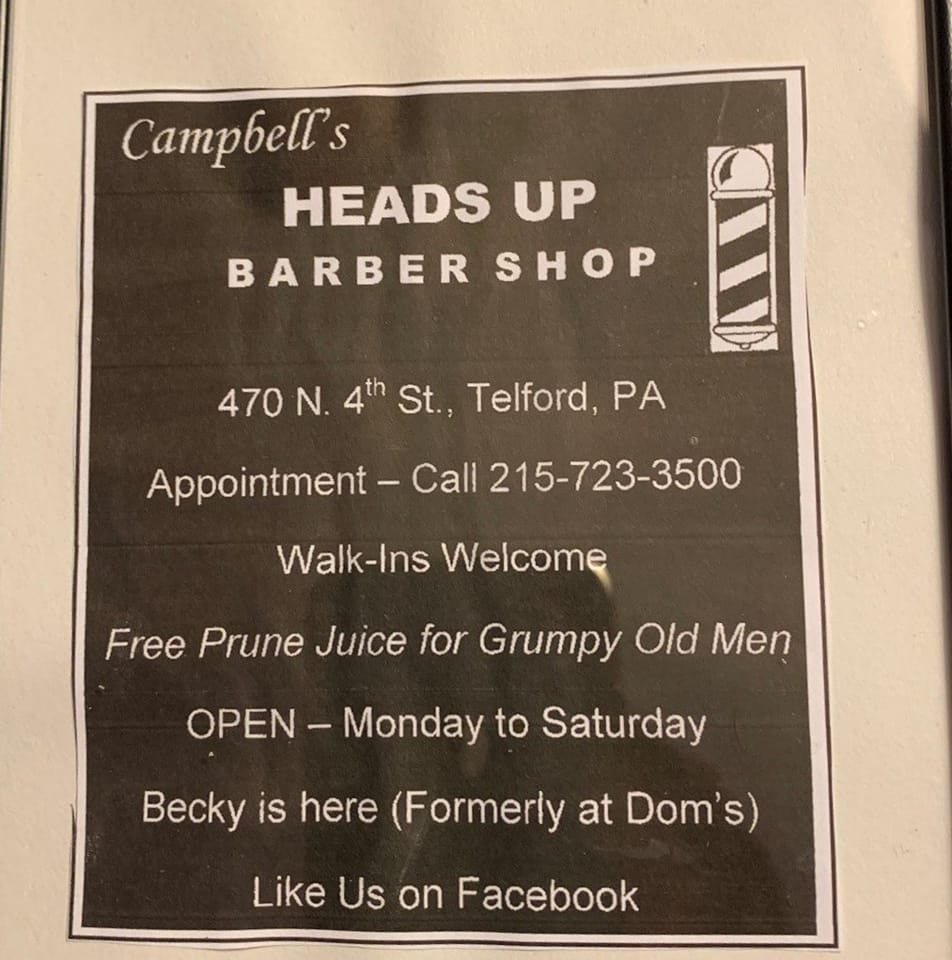 Campbells Heads Up Barber Shop 470 N 4th St, Telford Pennsylvania 18969