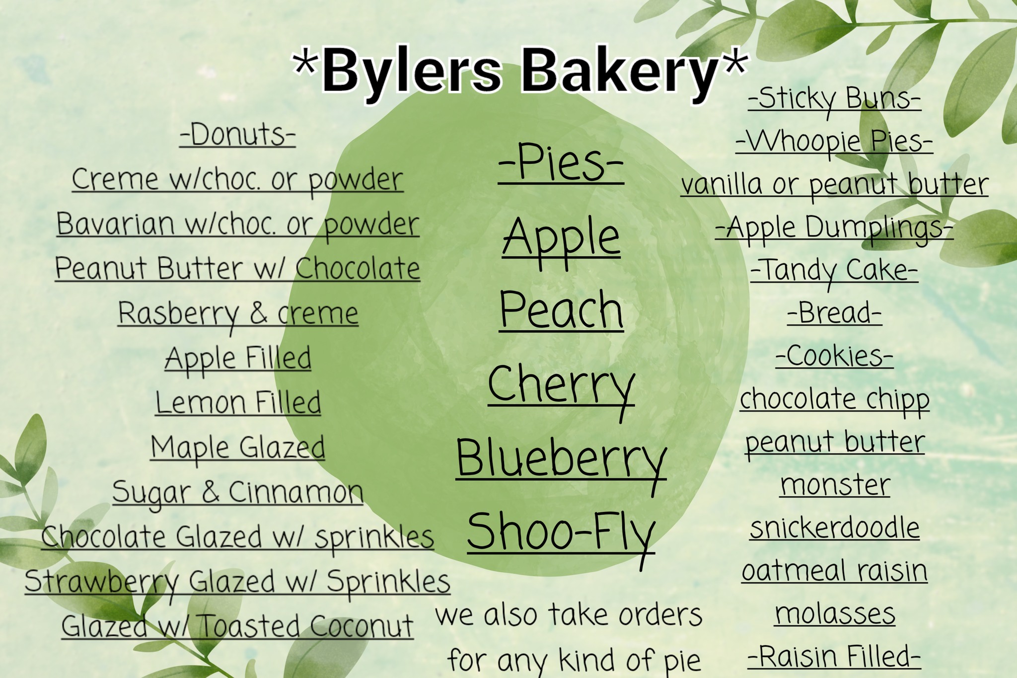 Bylers Bakery Menu