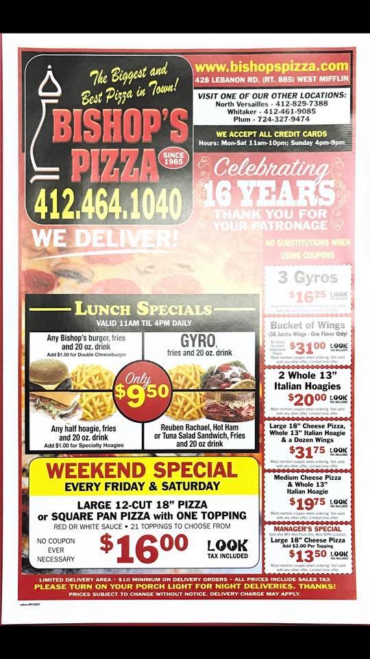 Bishop's Pizza Vii Menu