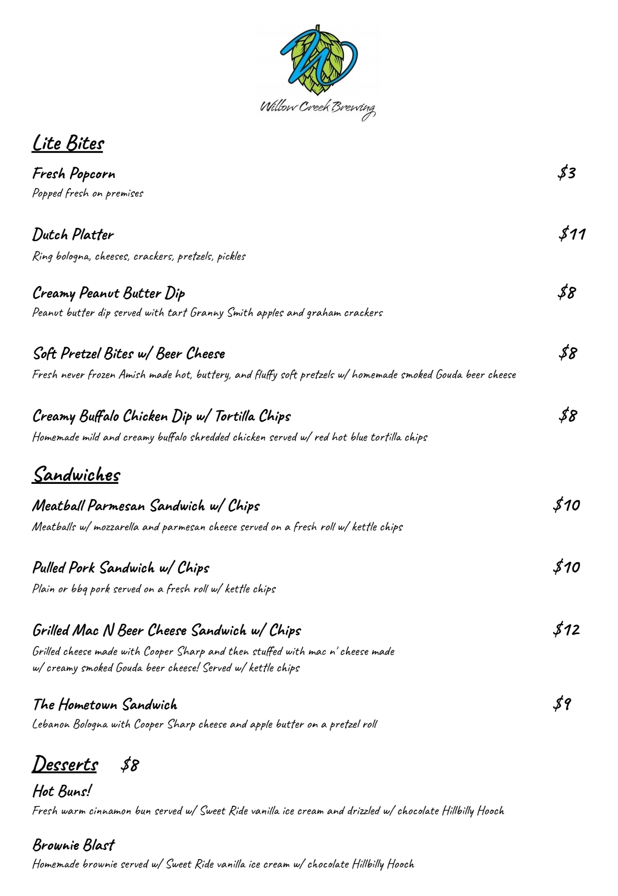Willow Creek Brewing Menu
