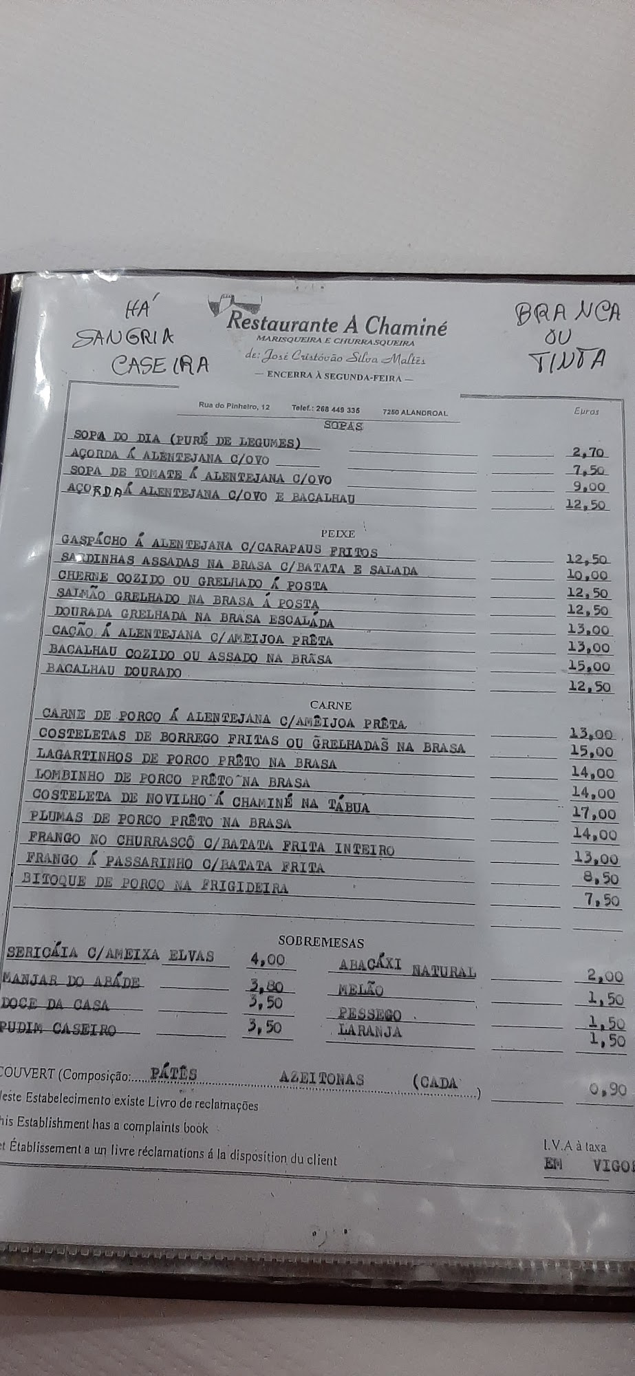 A Chaminé Menu