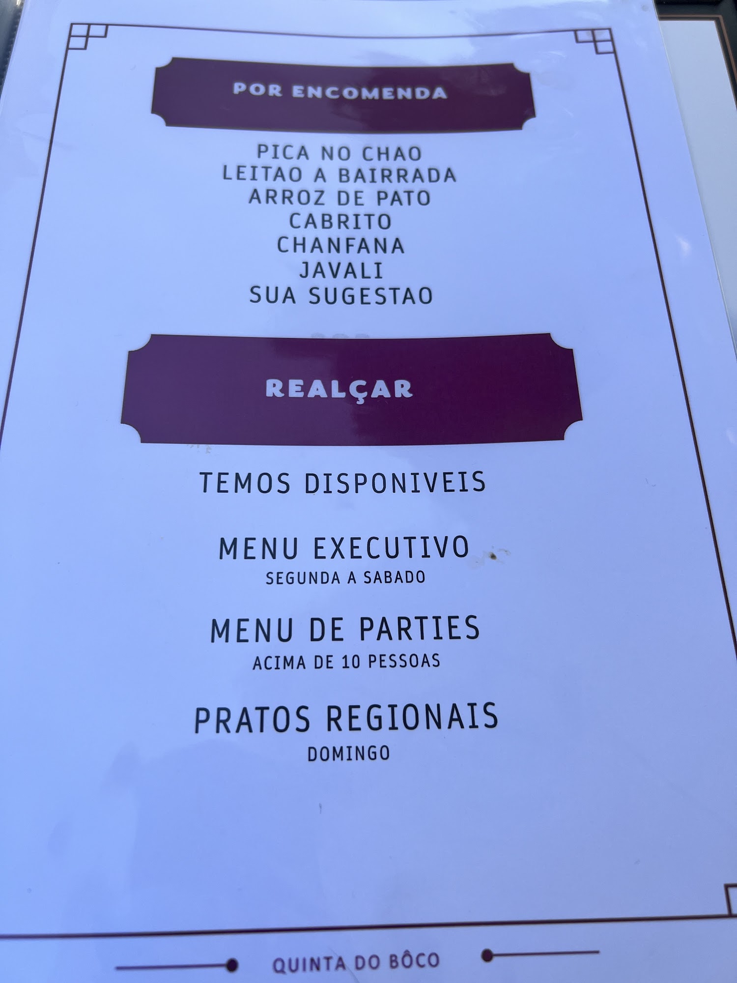Quinta do Bôco Menu