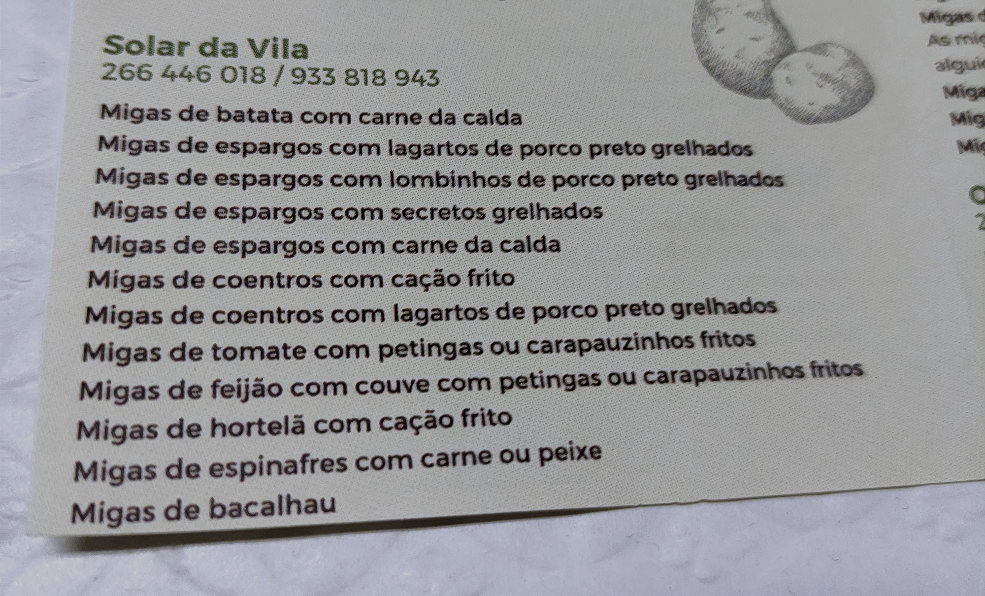O Solar da Vila Menu