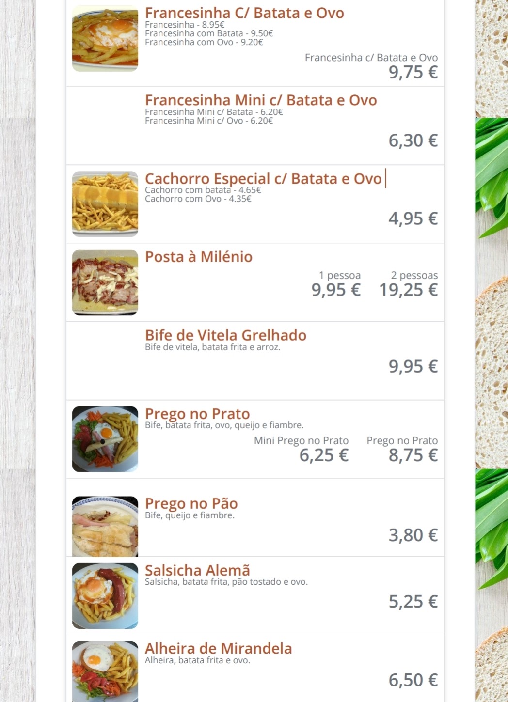 Restaurante Milénio Menu