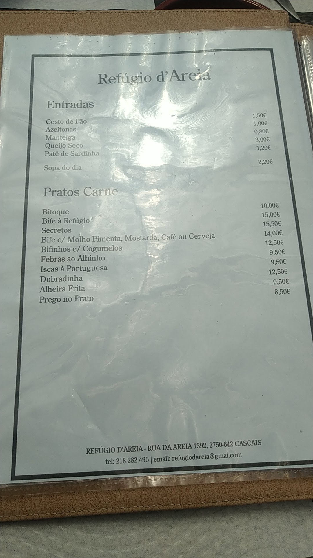 Refúgio d'Areia Menu