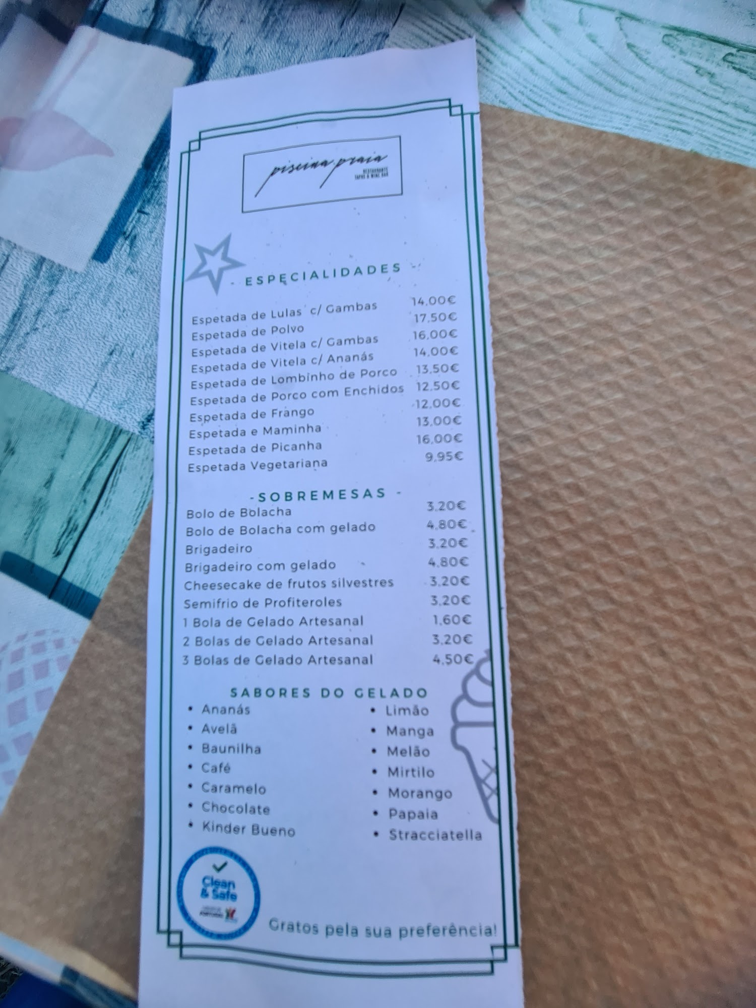 Restaurante Piscina Praia Menu