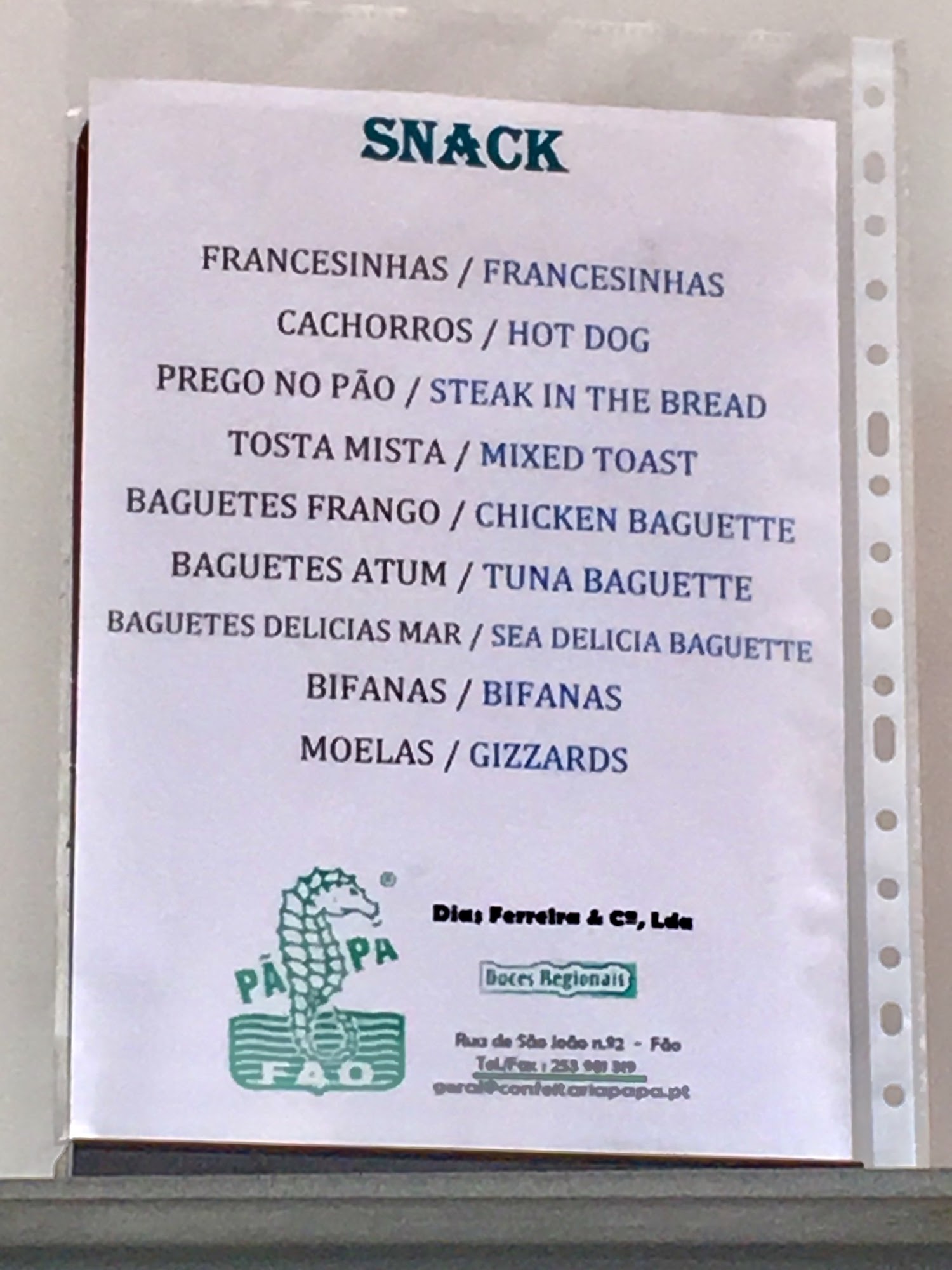 Casa Dos Folhadinhos Menu