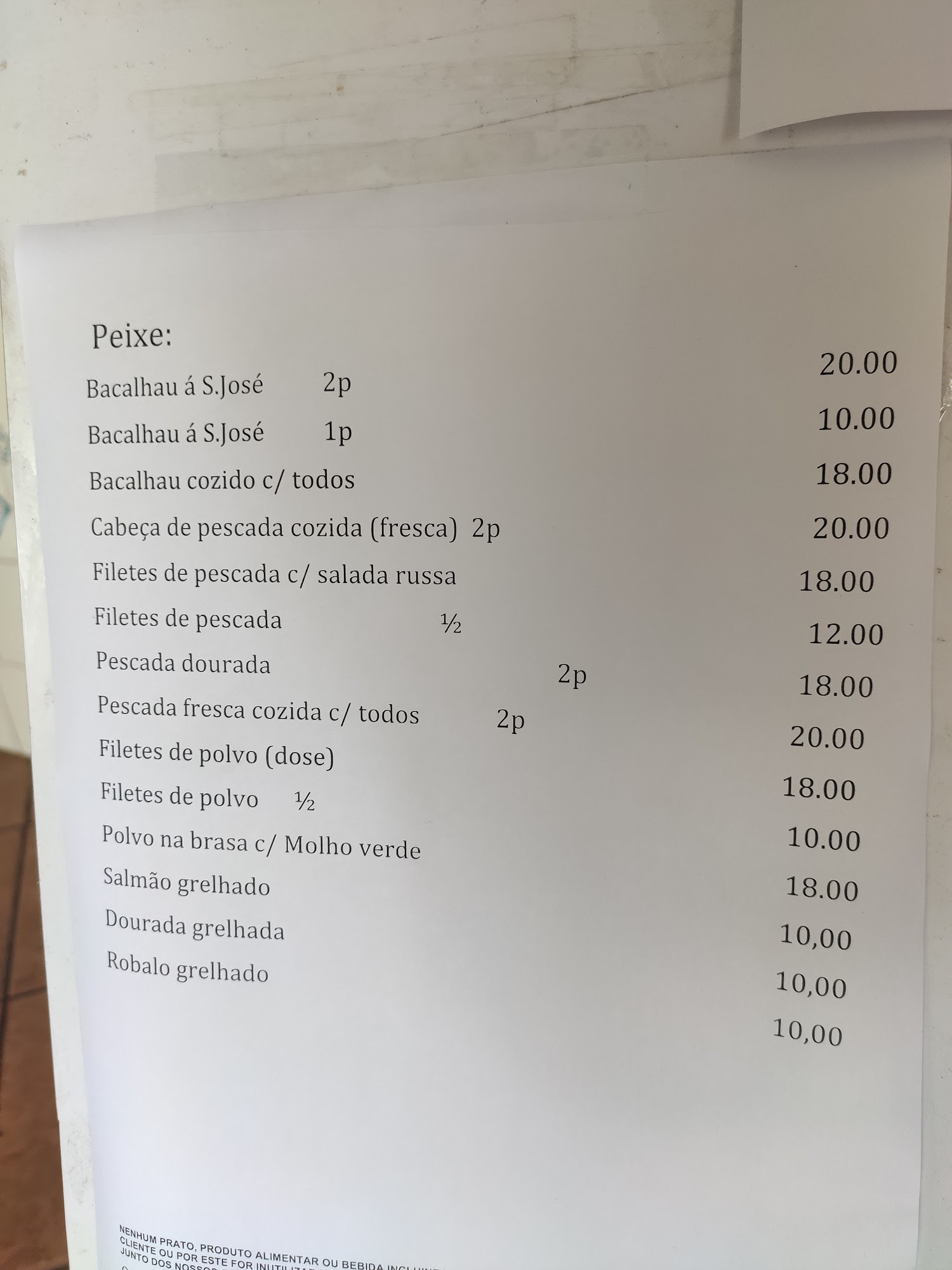 Restaurante São José Menu
