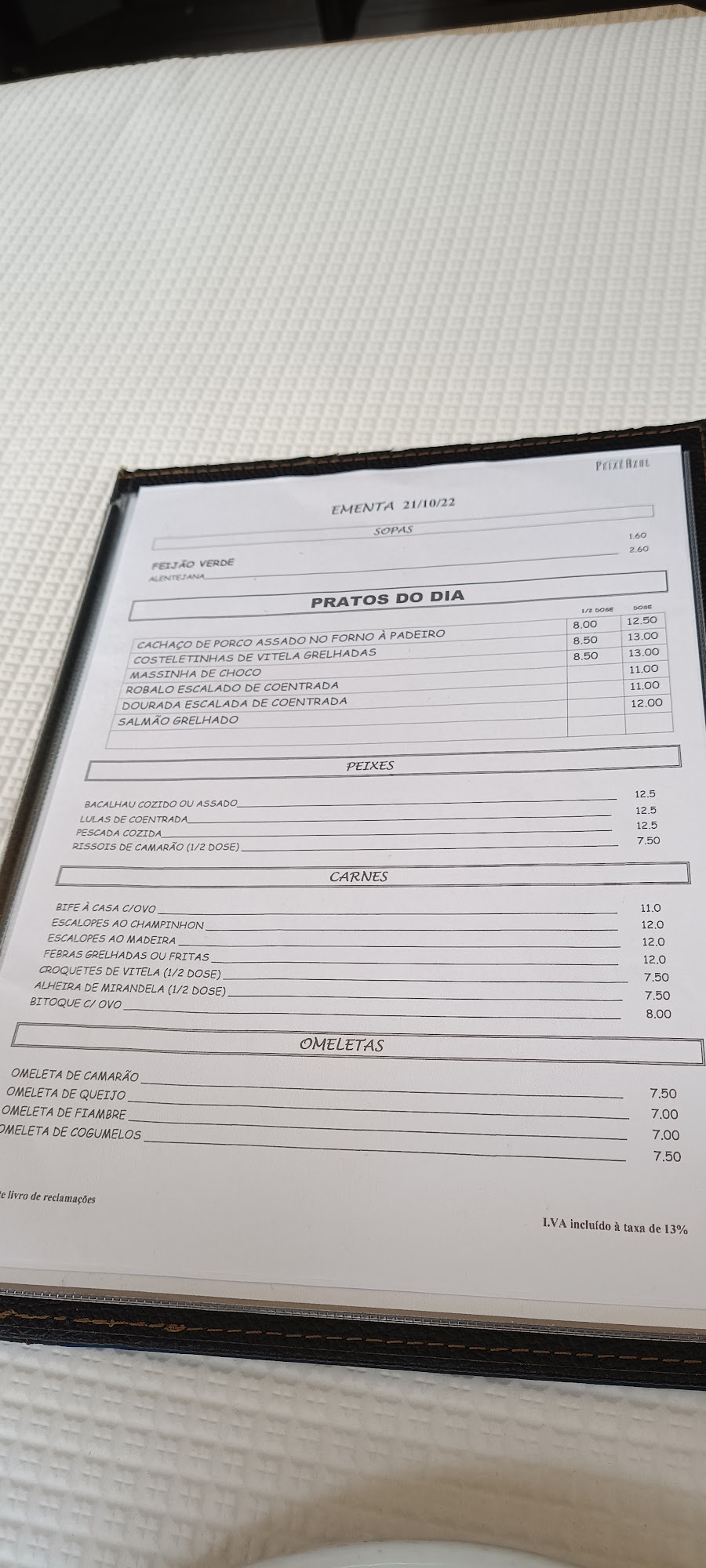 Peixe Azul Menu