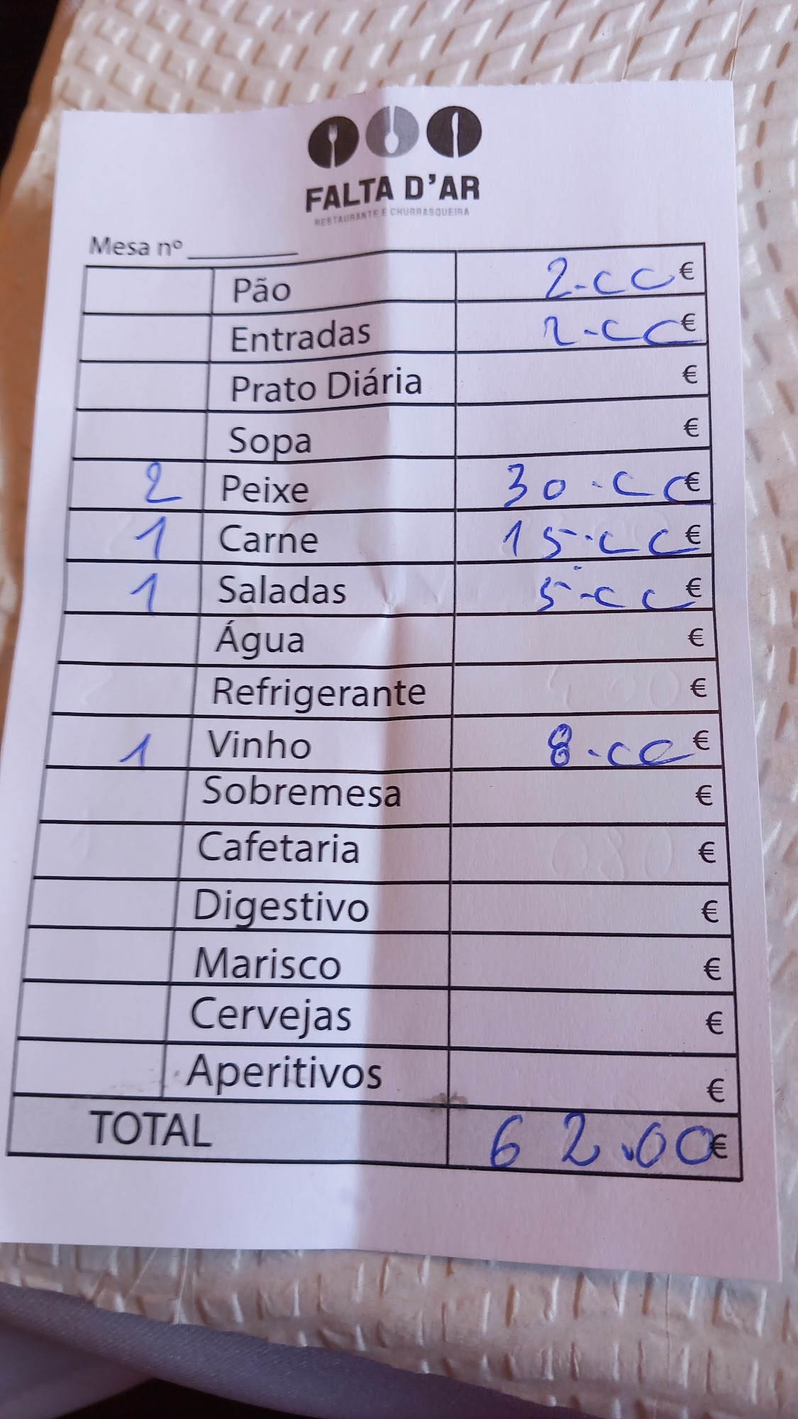 Restaurante Falta D'Ar Menu