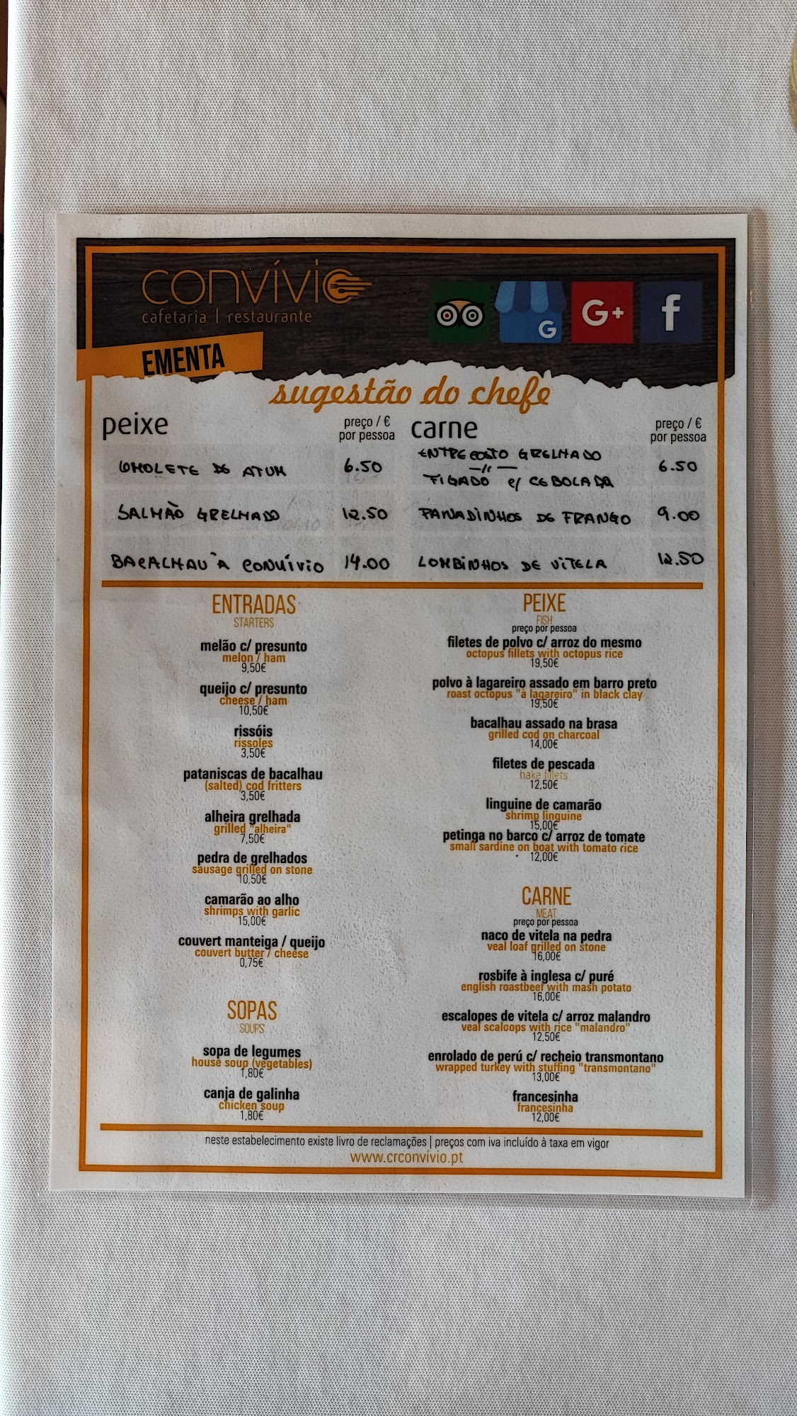 Convivio (Cafetaria Restaurante Convívio) Menu