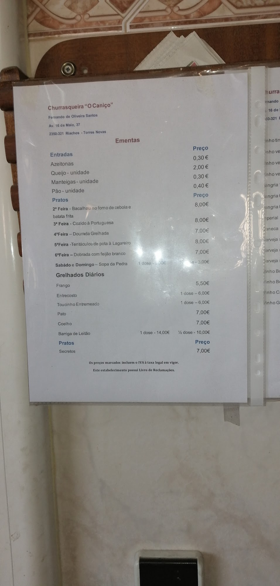 O Caniço Menu