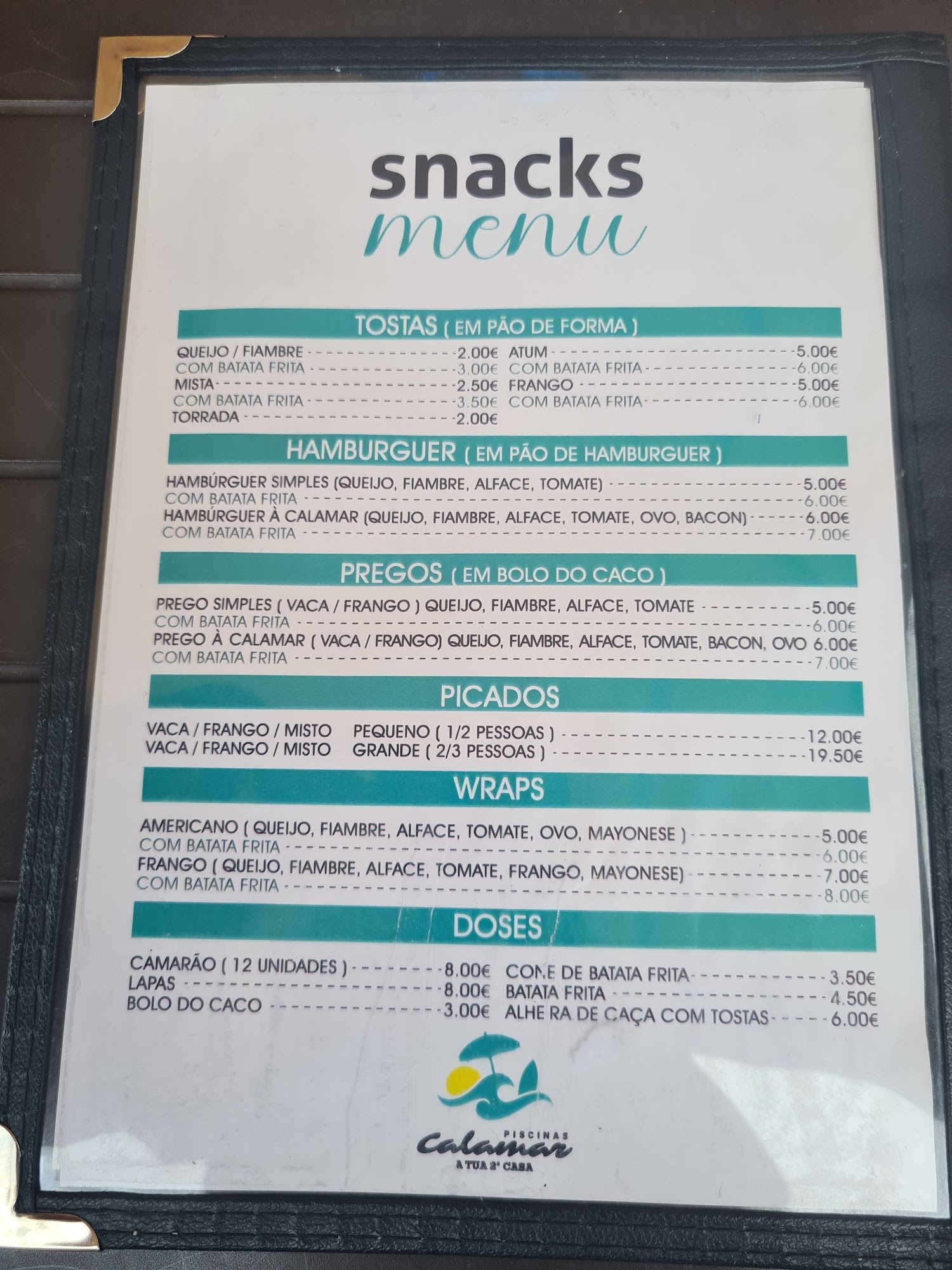 Piscinas Calamar Menu