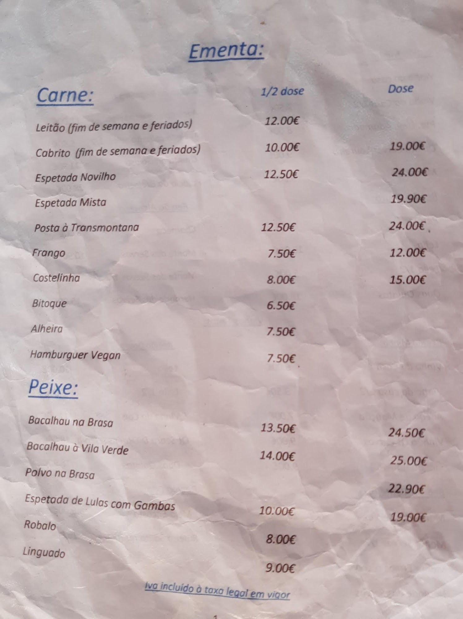 Restaurante São Bento Menu