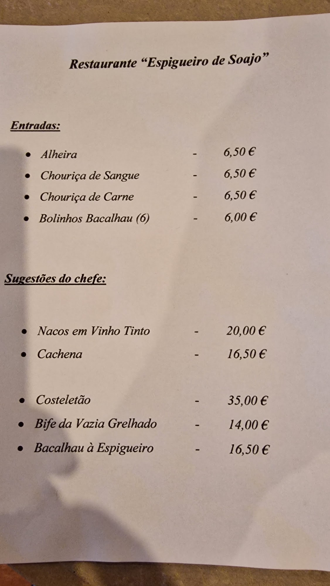 Restaurante Espigueiro do Soajo Menu