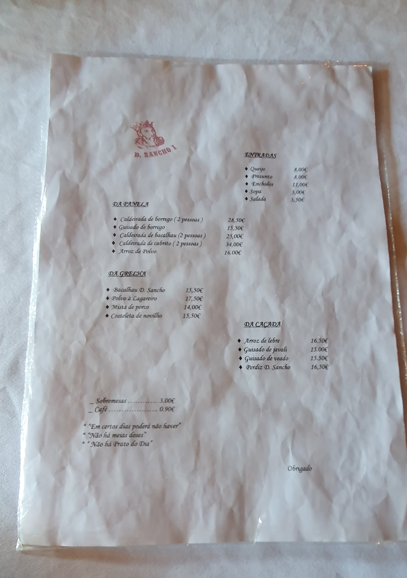 Dom Sancho Menu