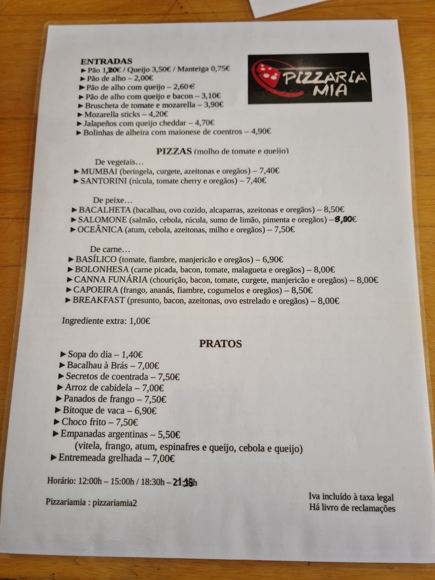 Pizzaria Mia Menu