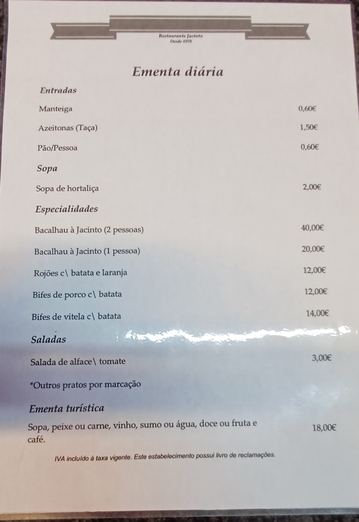 Restaurante Jacinto Menu