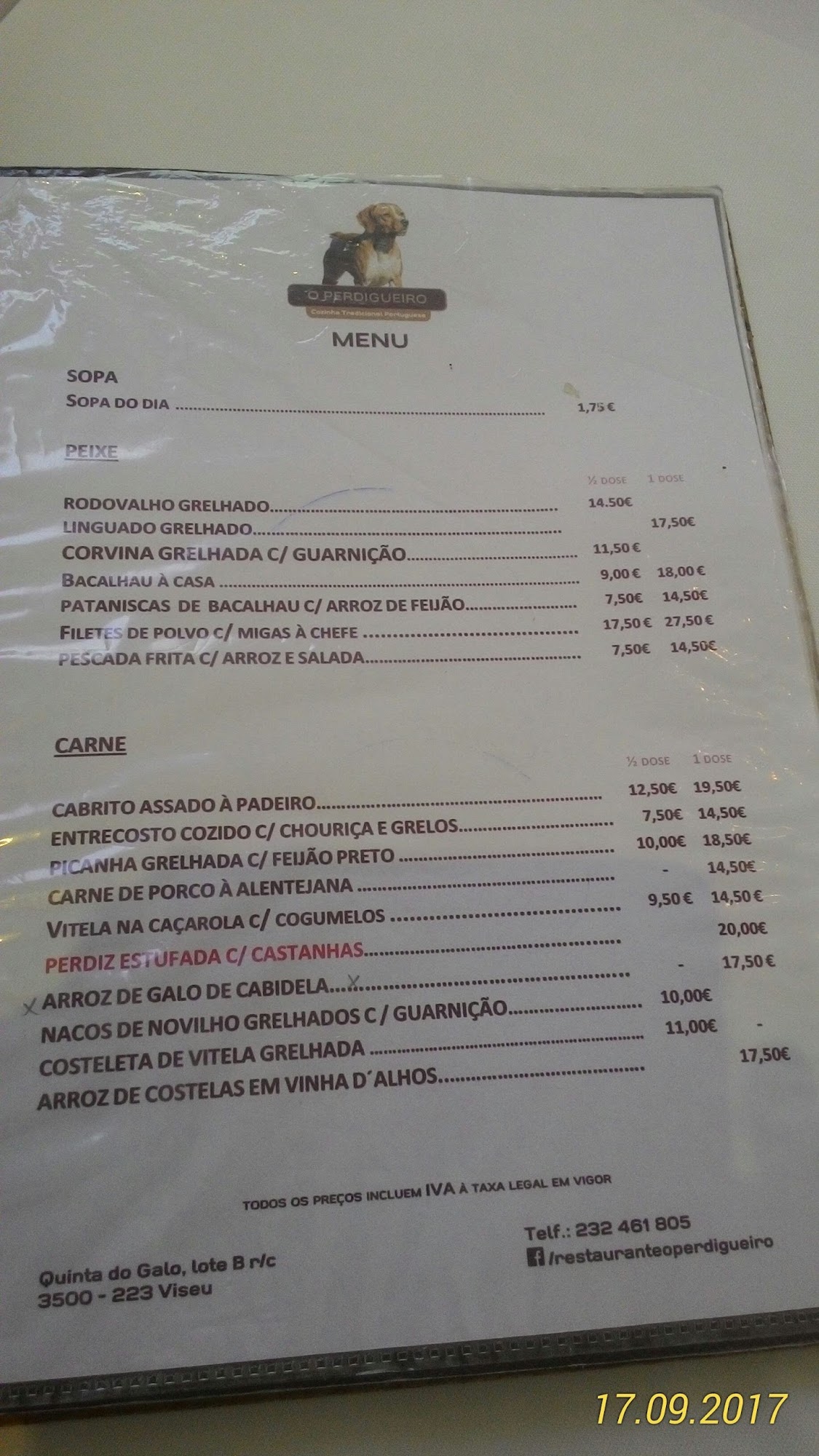 Restaurante o Perdigueiro - Prato do dia Menu