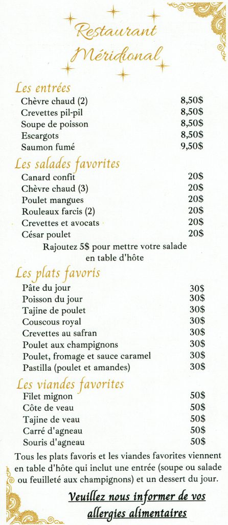 Restaurant Méridional Menu
