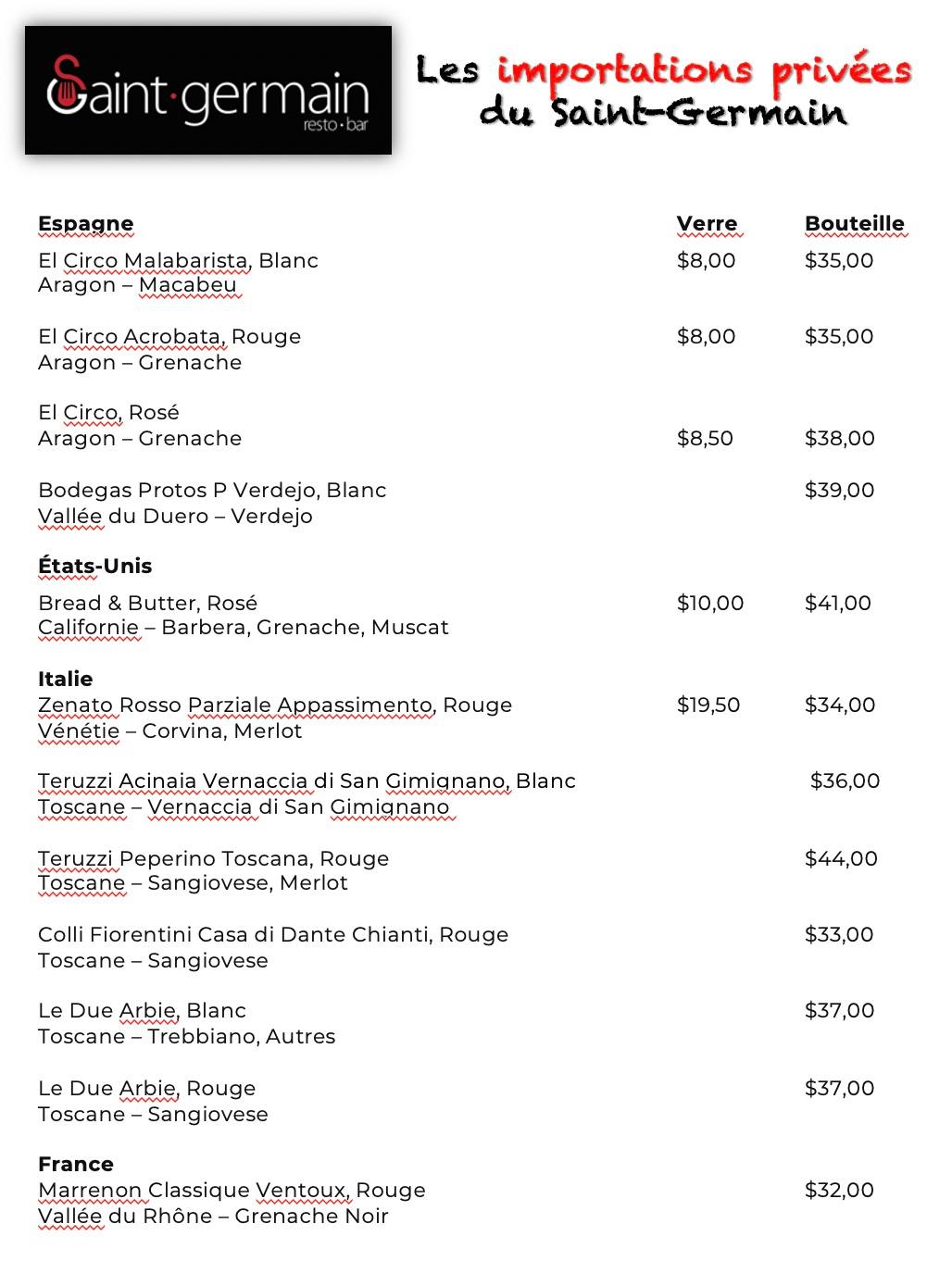 Restaurant Saint-Germain Resto-Bar Menu