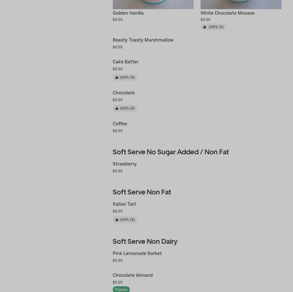 TCBY West Ashley Menu