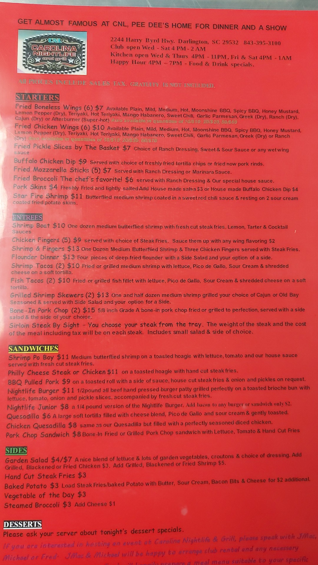 Carolina Nightlife & Grill Menu