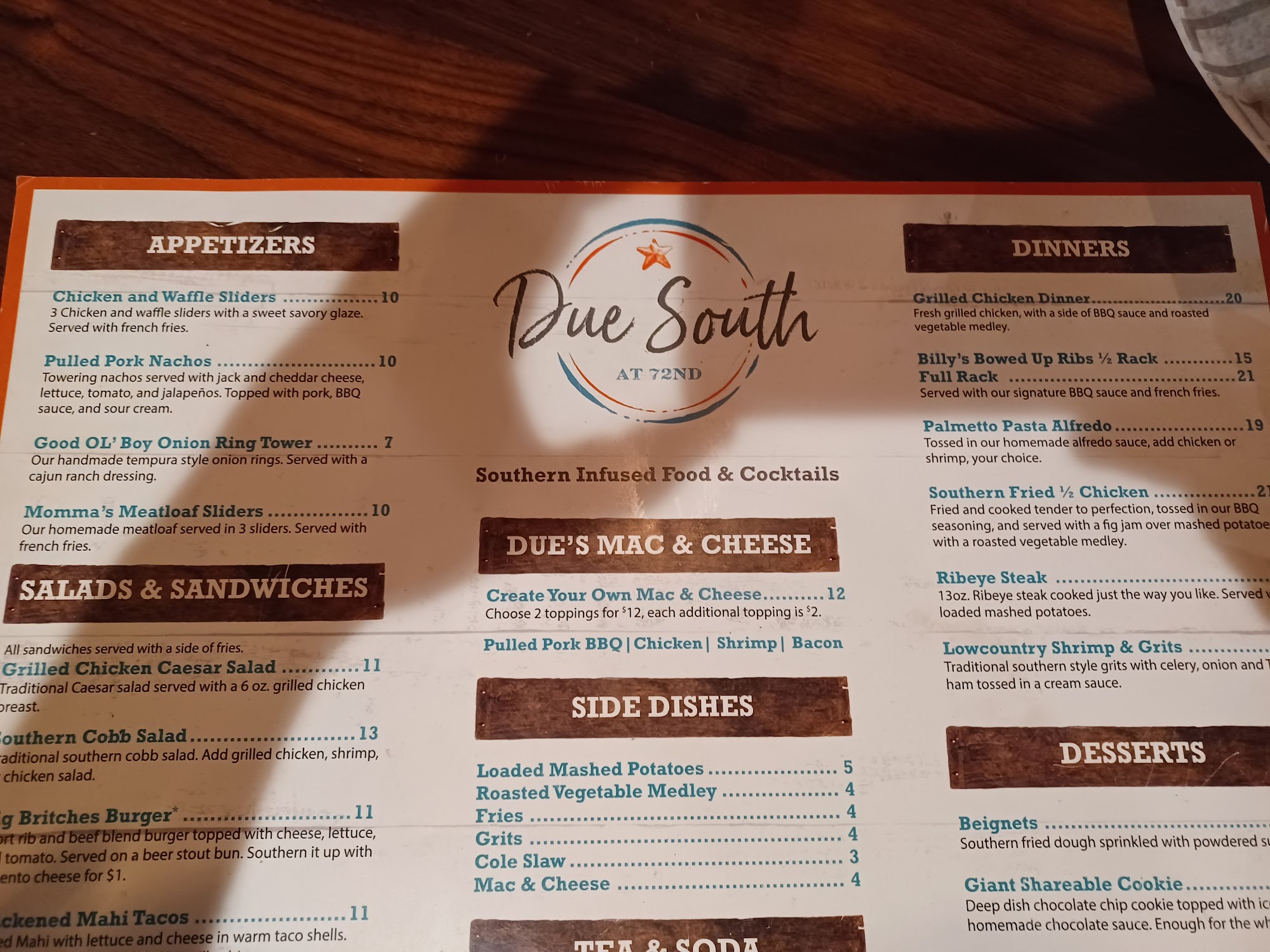 Due South at 72nd Menu