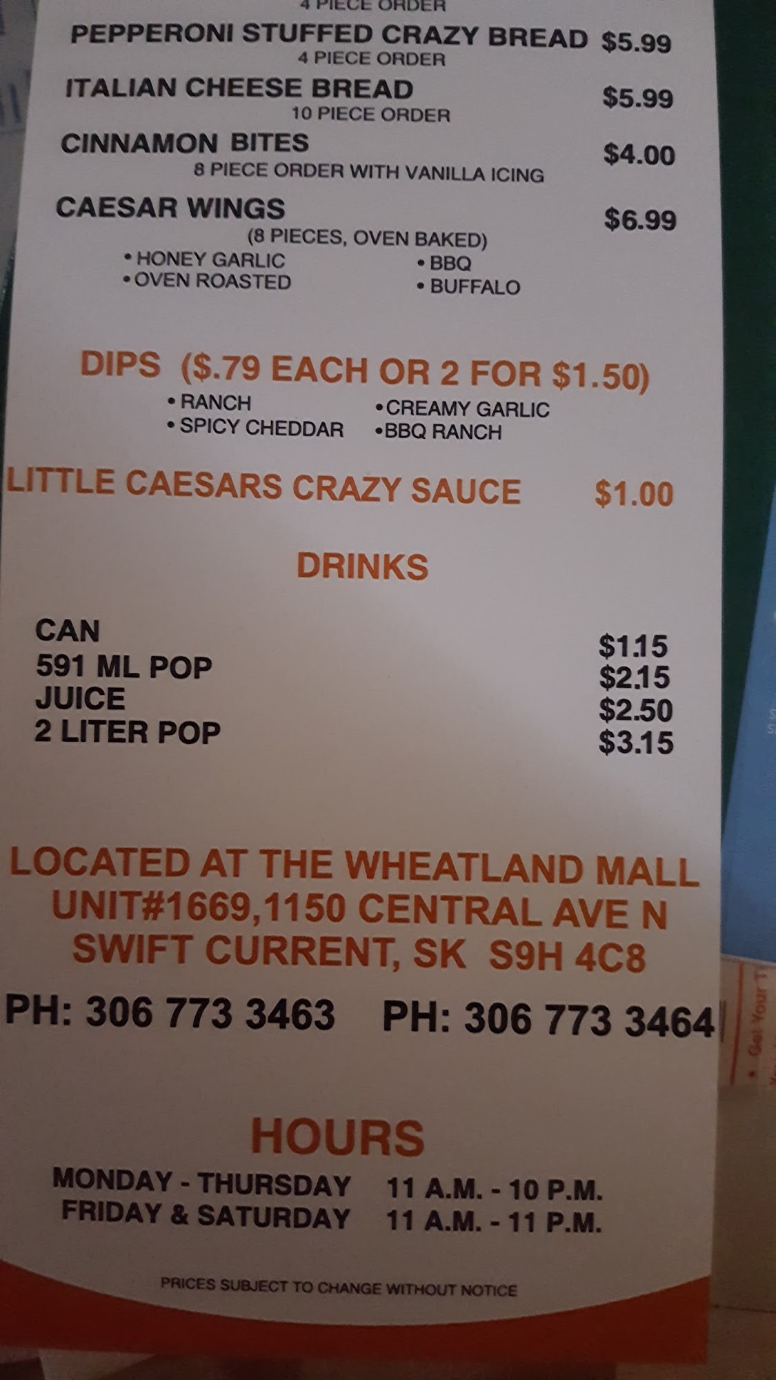 Little Caesars Pizza Menu