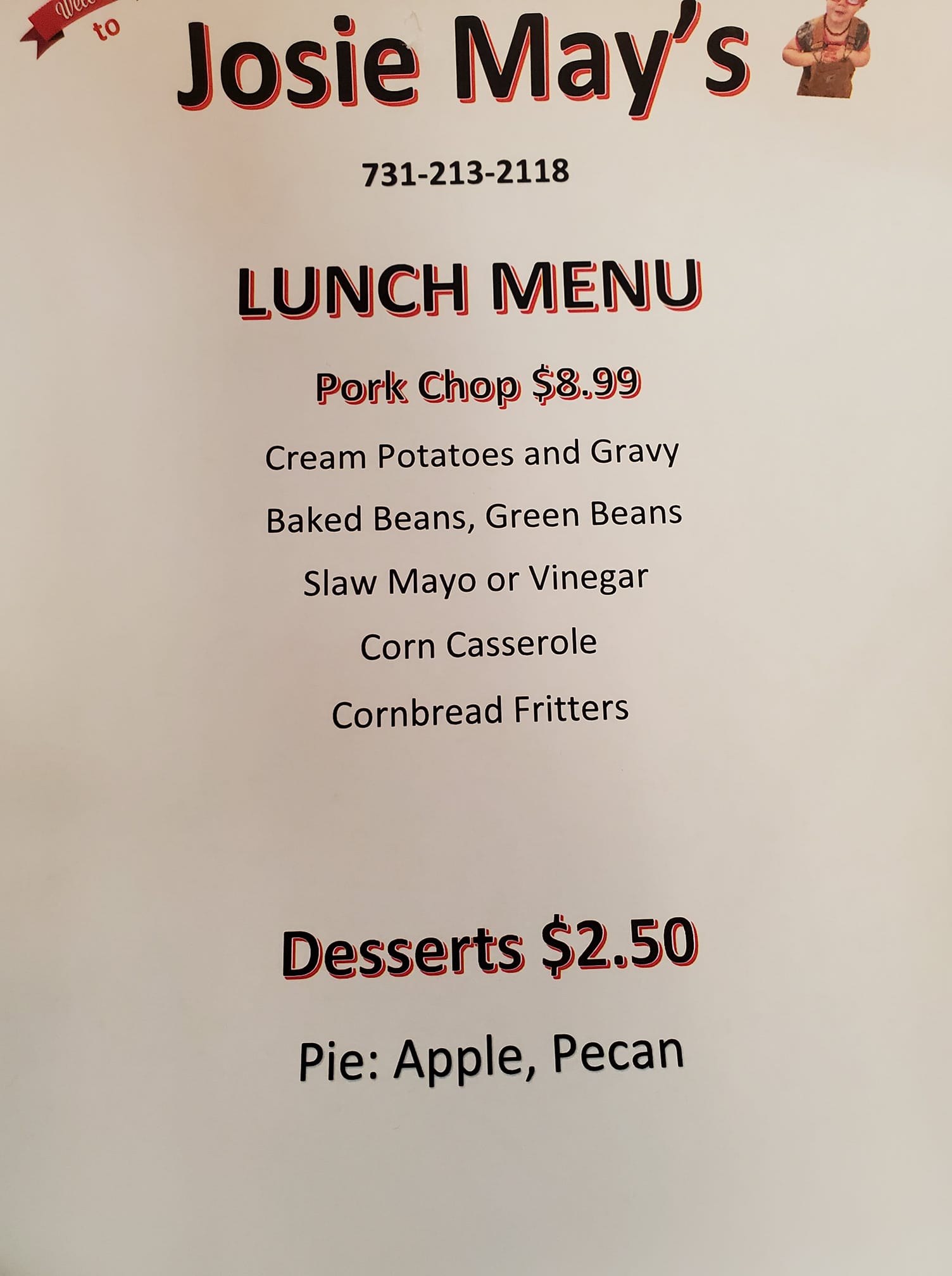 Josie May's Family restaurant Menu