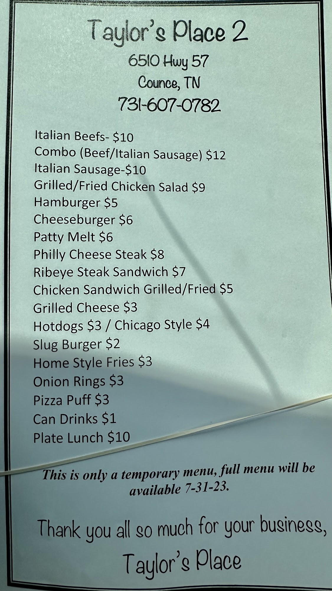 Taylor's Place 2 Menu