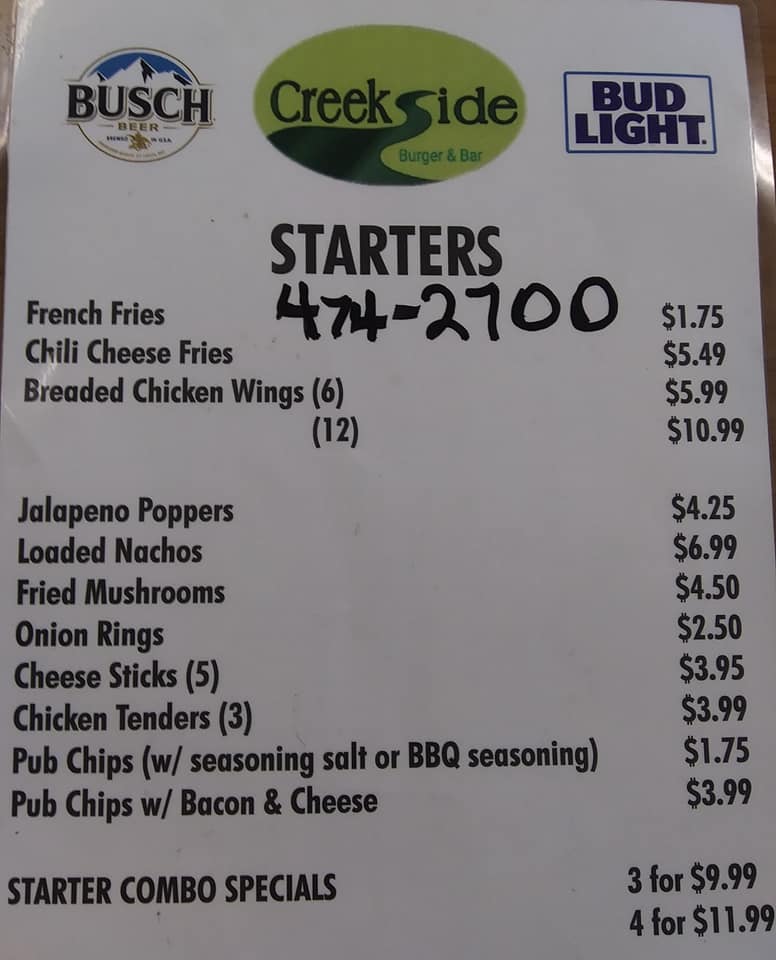 A' n J's Creekside Grill and Pub LLC Menu