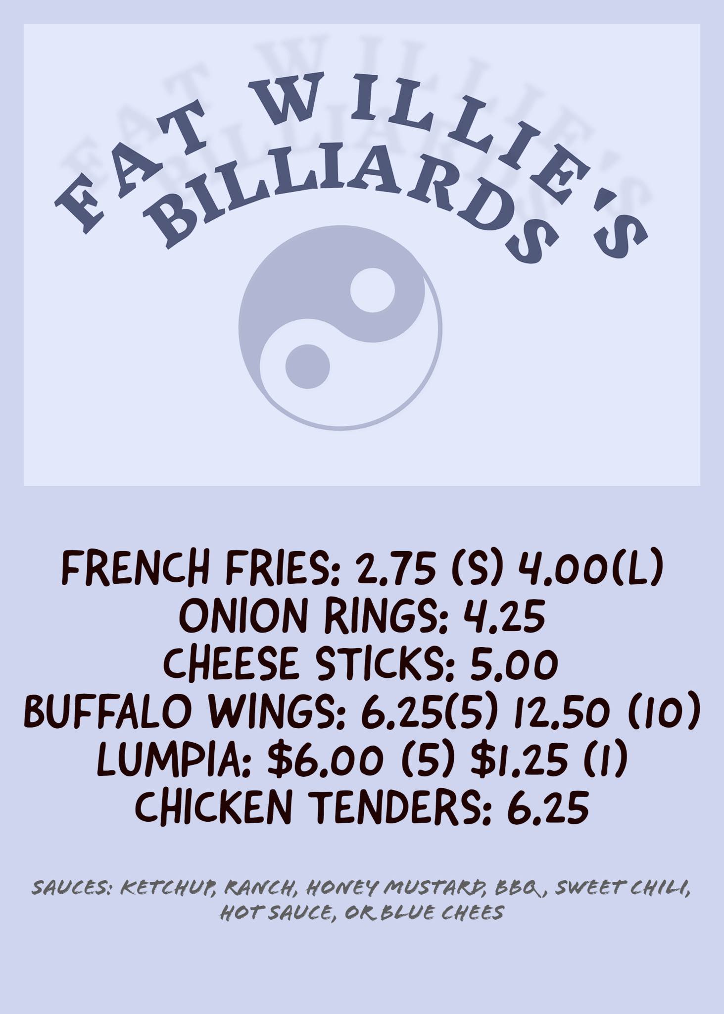 Fat Willie's Billiards Sports Menu